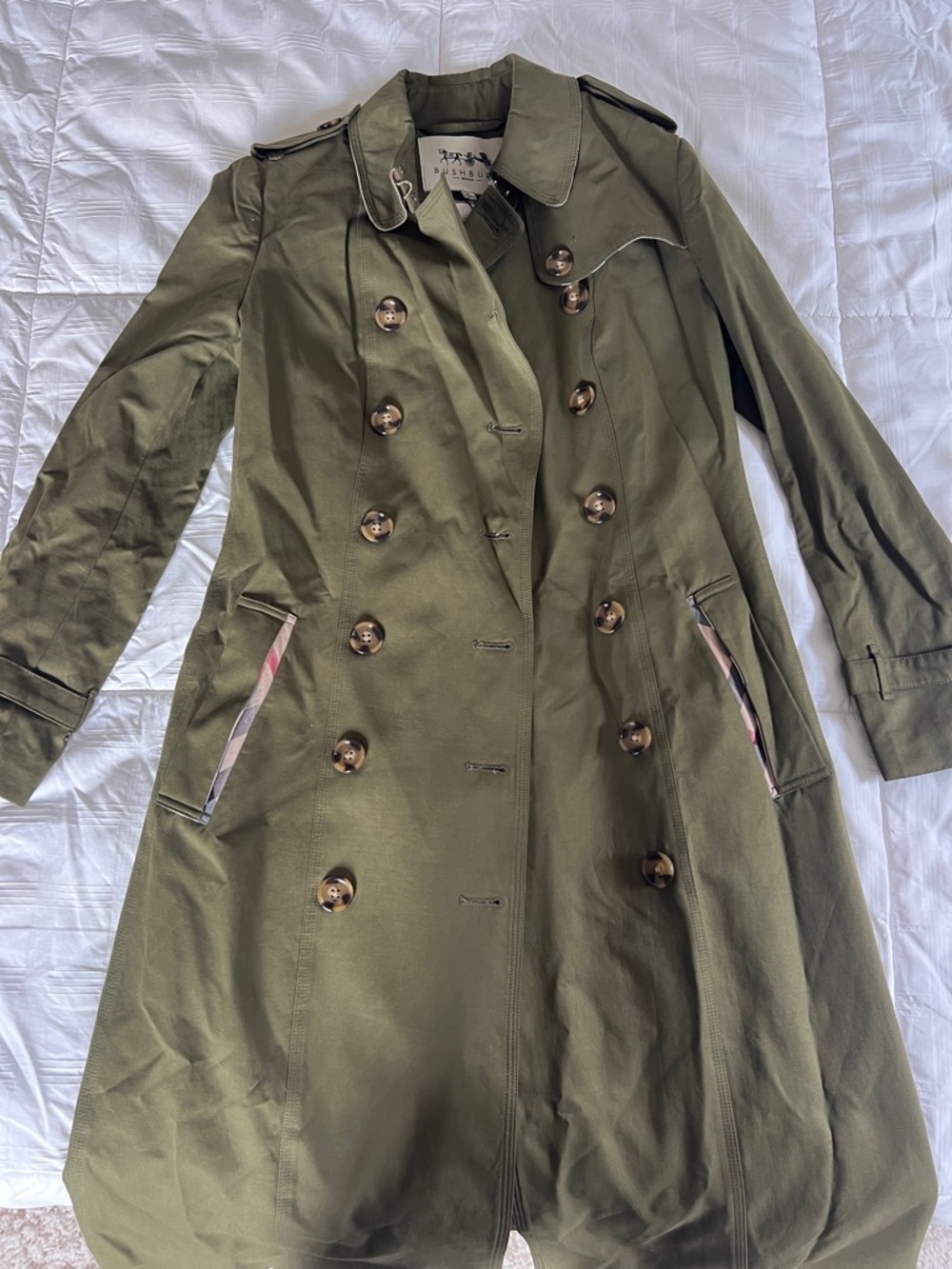 Bushbury British Olive Green Double-Breasted Trench Coat